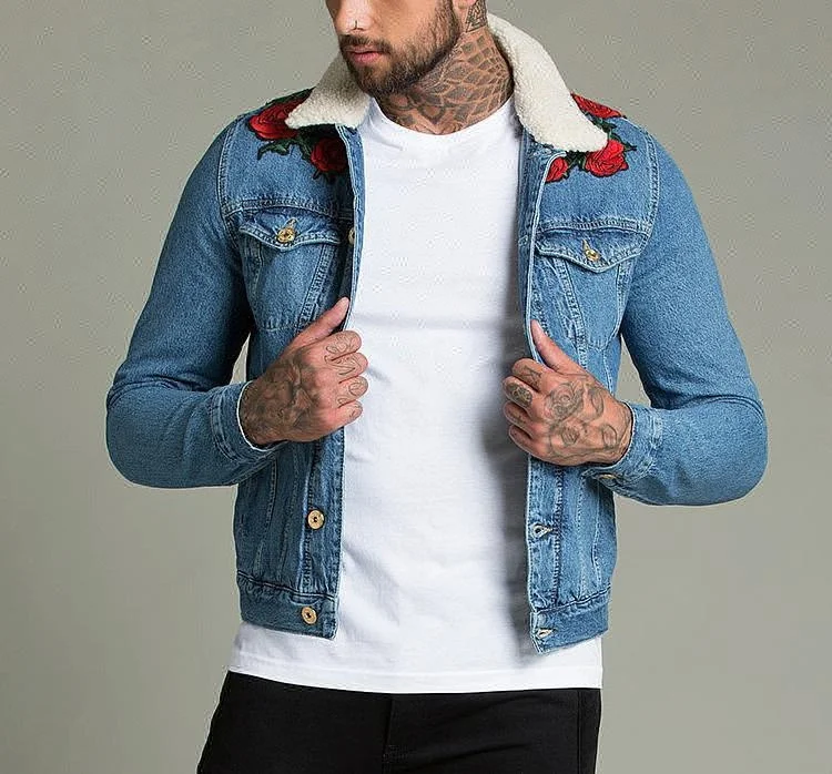 Royal wolf denim garment factory light blue borg collar snake rose embroidered denim men jacket jeans