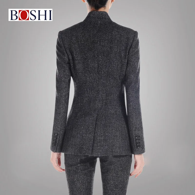Custom Business Women Gery Fashion Formal Blazer Of Ladies Two Button Mandarin Collar Suit