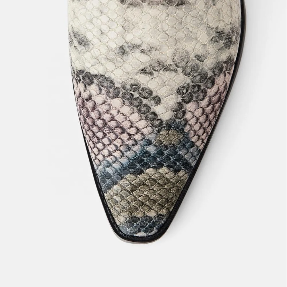 
MANRINO-0277 Girls 2019 Snake Skin Print Mixed Multi Color Cow Leather Material Women Low Heel Pointy Toe Ankle Boots For Lady 