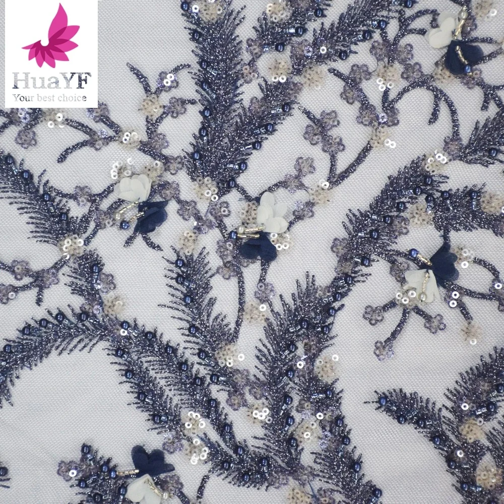 Fancy Nave Blue 3d flower beaded lace sequin Embroidery french net lace for summer evening dress HY1069-6