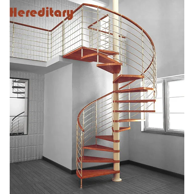 Prefabricated residential steel spiral stairs with thick wood stair treads