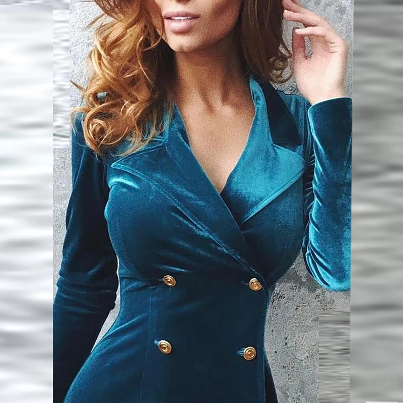 Women Velvet Double Breasted Blazer Dress Long Sleeve Dress  Mini dress long sleeves night club sexy  cocktail prom