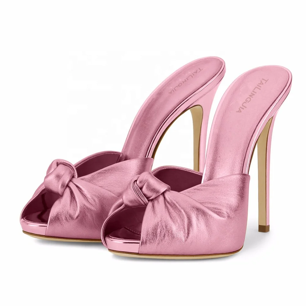 2018 Sexy Ladies Black Pink Gold Blue Summer Shoes Peep Toe Sandals Evening Dress Heels Big Size Women High Heel Knotted Mules