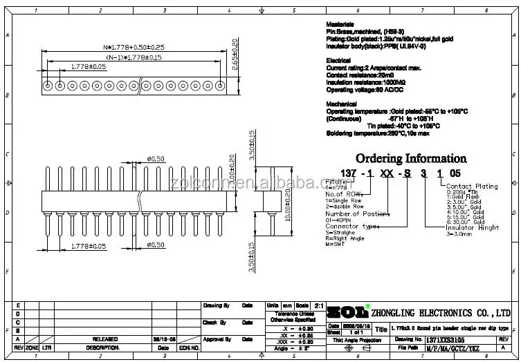 
round pins straight single row 1.778 mm SIP Socket 