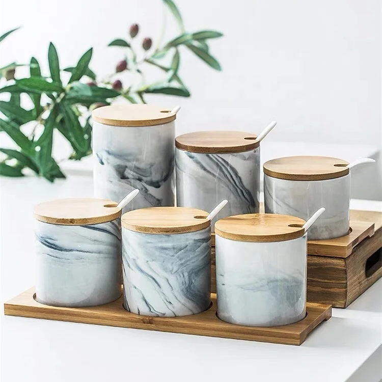 Fancy luxury style wholesale kitchen empty ceramic spice containers marble wooden lid spice jar with bamboo stand