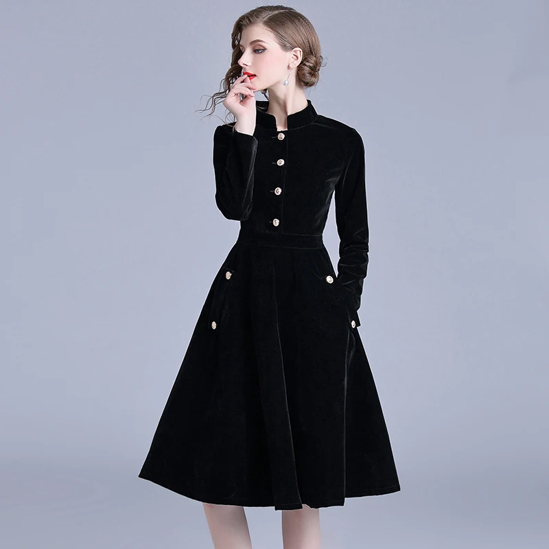 
Women Elegant Velvet Dress Autumn Winter Long Sleeve Black Dress Midi-length Ladies 