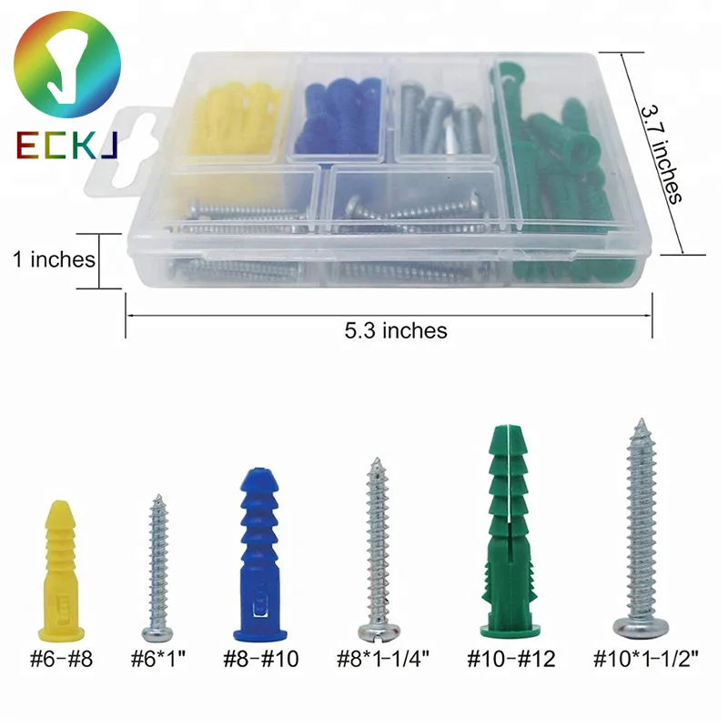 
ECKJ 66 Pieces Plastic Self Drilling Drywall Anchors with Phillips Flat Head Self Tapping Screws Assortment Kit 