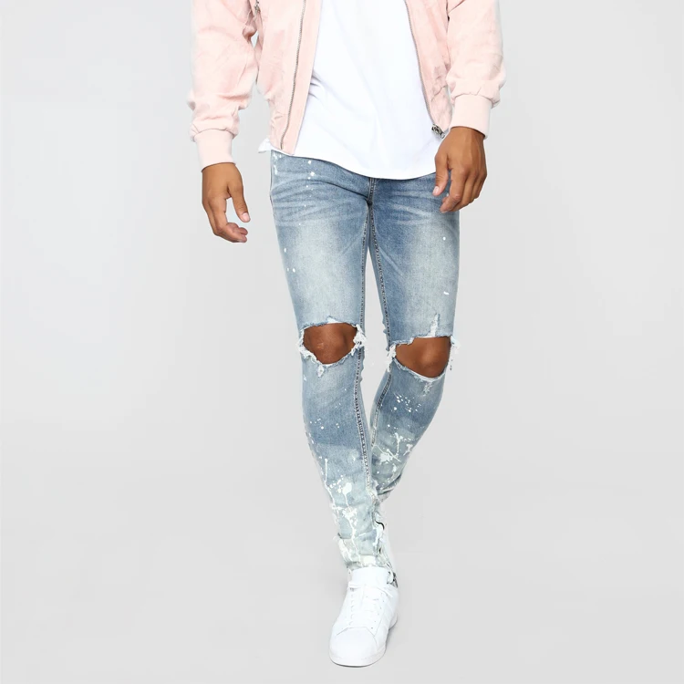 High quality slim fit spray paint denim jeans fashion washed distressed ripped zipper ankle men jeans