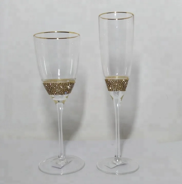 Diamond Gold Rimmed Wine Glasses Set  Wine Glass with Rhinestone Design and Gold Rim