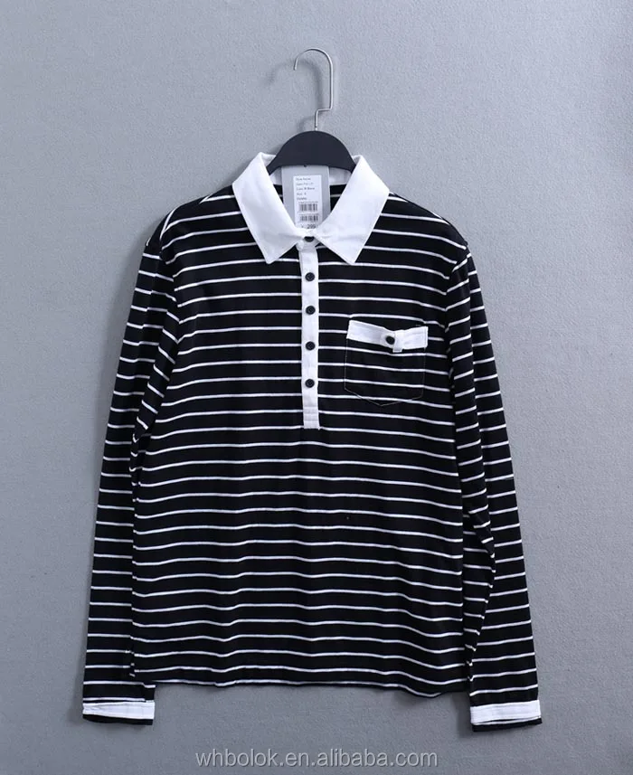 
Black and white double collar shirt for men striped fine knit golf polo shirt for male 