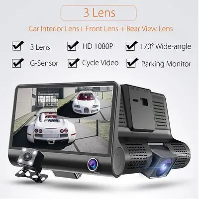 Newest FHD 1080P three cameras 4 inch dash cam front inside back recorder dvr car