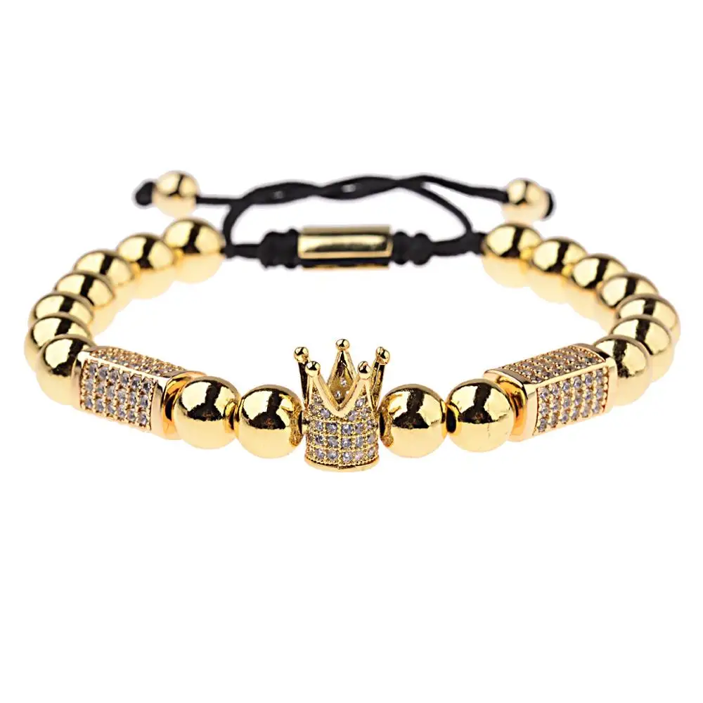 No Fade 8mm Real Gold Plated Copper Bead Micro Pave CZ Imperial Crown Charm Braided Macrame Bracelet Pulseira Masculina