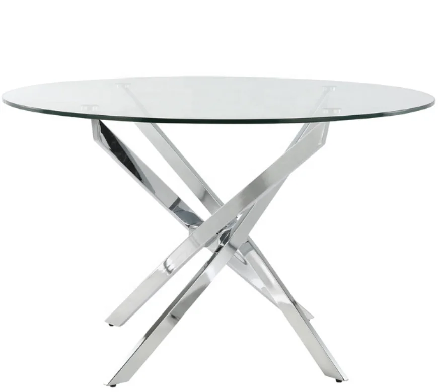 Clear Tempered Glass Round Dining Table silver stainless steel modern dining room table in Chromed Feet