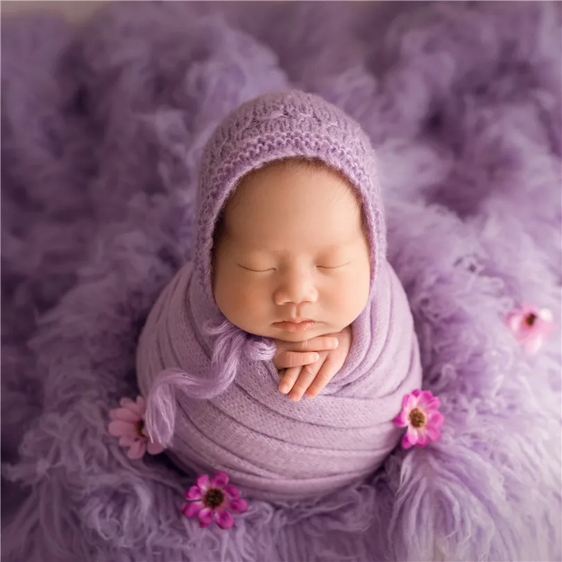 Lavender Baby Girl  Crochet Cotton Hat Purple Sweater Knit Wrap New born Photoshoot Props