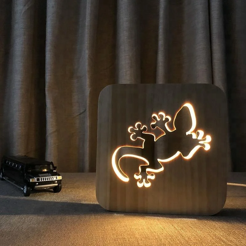 custom natural wood christmas craft dog design effect led night stand light wooden table lamp