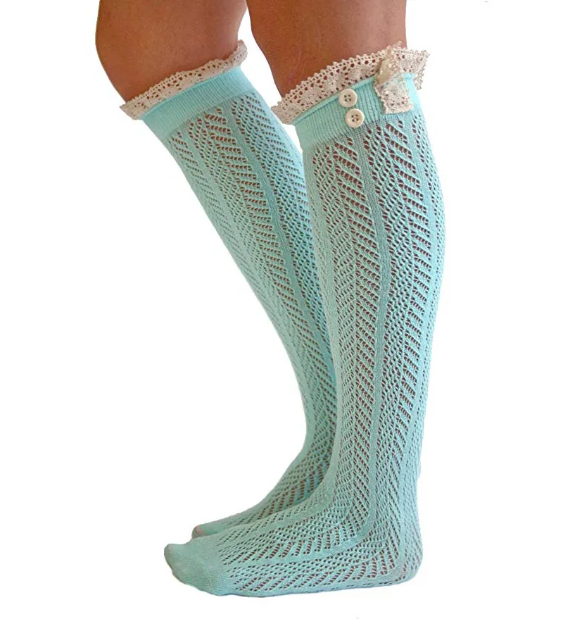 
AJ186034 Wholesale Cute Charming Ruffles Lace Trim Knee High Knitted Boot Socks For Women 