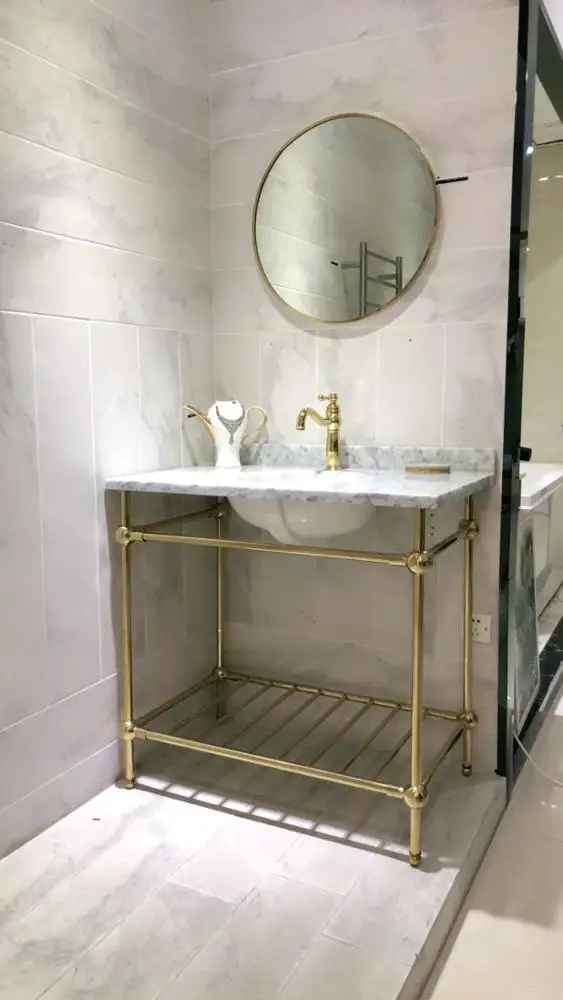 Classic style stainless steel golden frame marble top bathroom vanity