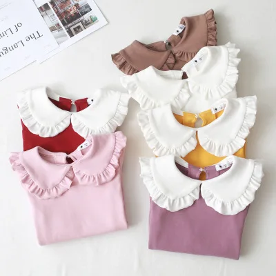 
fancy autumn sweet doll collar kids ruffle long sleeved top girl t- shirt 