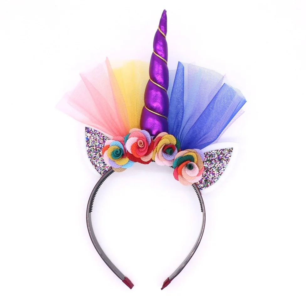 Girls  Party Unicorn Hair Accessories Mesh Net Gold Floral Flower Unicorn Headband with Tulle