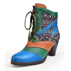 Women Retro Ankle Boot Cowhide Leather Handmade High Block Heels Lady Totem Boots Booties