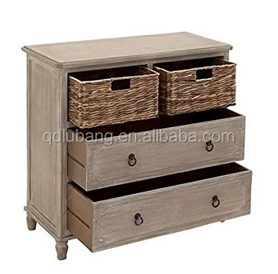 Wicker Basket Drawers Solid Wood Storage Cabinet