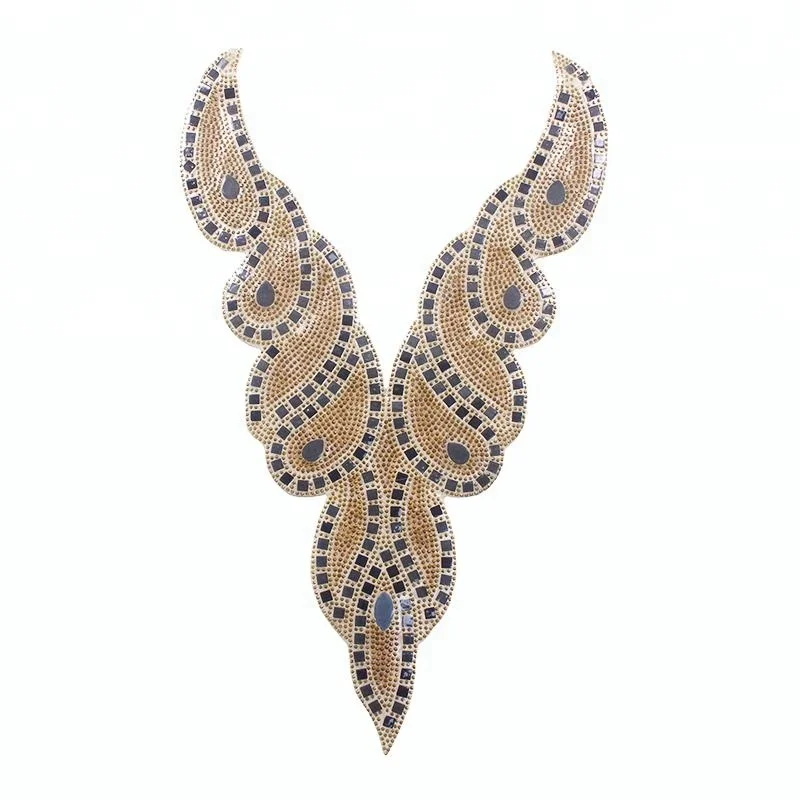 High Quality V Neck Collar Design Hot Fix Transfer Rhinestones Beaded Crystal Applique for Wedding Dress