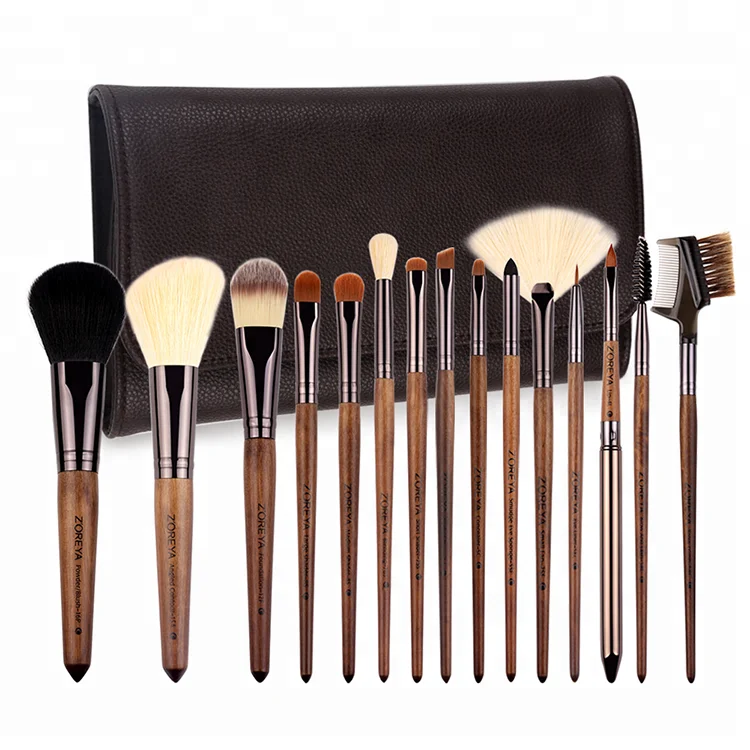 15pc High End Real Walnut Handle Private Label Makeup Brush Set Leather Case for Contour Foundation Brush Set with Dark Brown