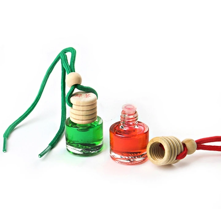 Popular INS Cylindrical Shaped 5ml 10ml Hanging Car Air Freshener Car Perfume Glass Bottle with Wood Cap and Ring