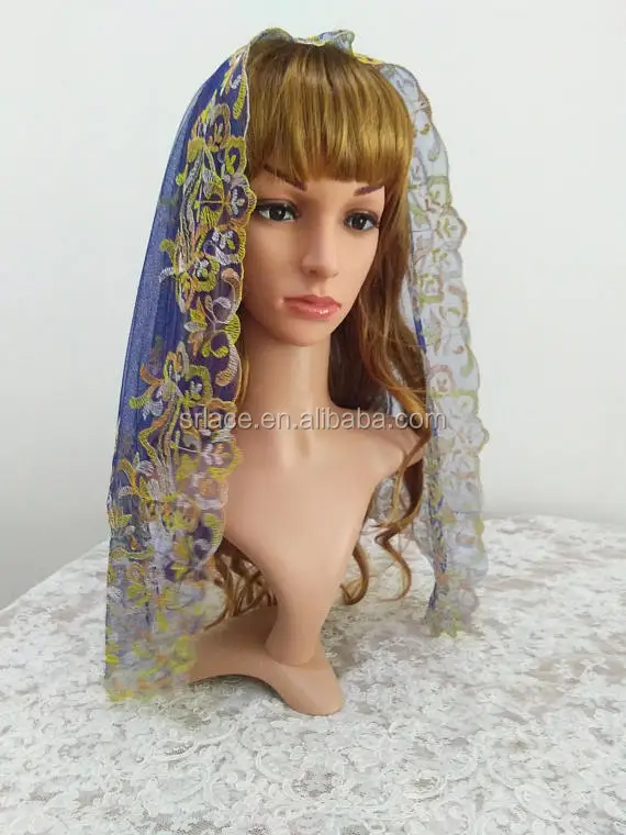 
Blue Mesh Colorful Embroidery Spanish Lace Mantilla Catholic Lace Veil Wedding Lace Mantilla 