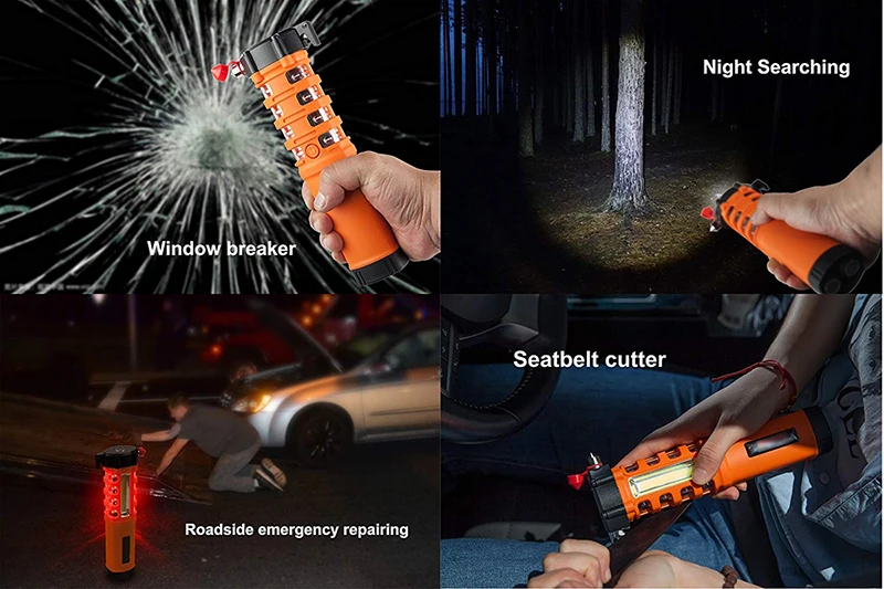 Led Megnetic Work Light Inspection Lamp With With Safety Hammer & Belt Cutter and Warning Flashlight