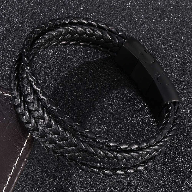 Fashionable Jewelry Multi Layer Leather Braided Bracelet Stainless Steel Black Magnet With Genuine Leather Bracelet Men