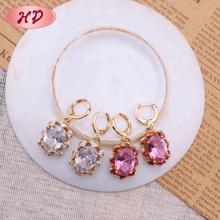 24K Gold Plated Hanging Diamond Earrings With Cubic Zirconia Red Stone
