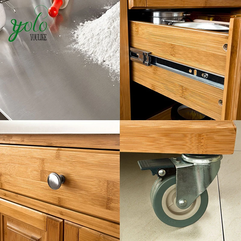 
Storage Serving Cabinet Bamboo Kitchen Trolley with Stainless Steel Worktop 