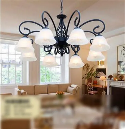 Vintage Wrought Iron Glass European Chandelier