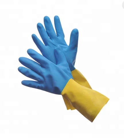 bi-color Blue/yellow Neoprene flocklined chemical resistant industrial protective glove