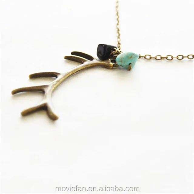 Antiqued bronze tone Antler Necklace Elk Deer Necklace Woodland Antler Jewelry with bead