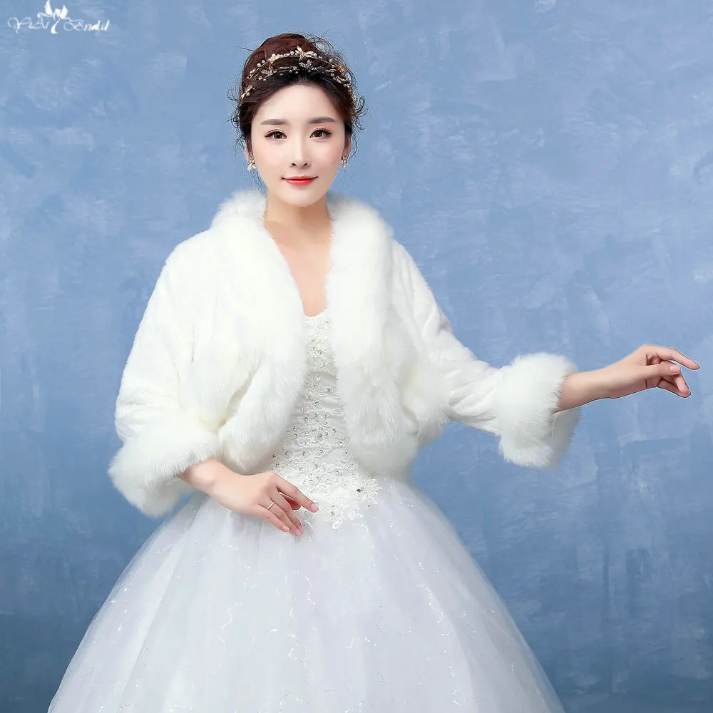 
LZP122 Faux Fur Fabrics Long Sleeve White Coat Lace Bolero Wedding Shawl 
