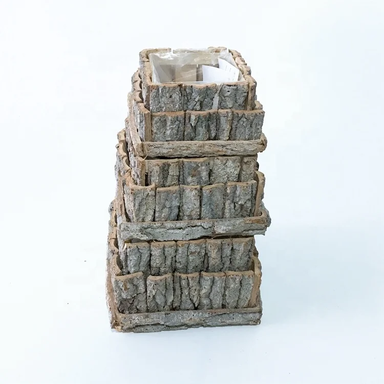 
Hot sales decorative square shape double-deck unique design poplar bark pot with plastic lining for planting 