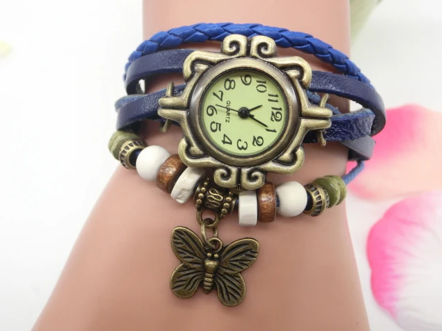 Wholesale Handmade Wrap Leather Braided Bead Wood Rope Bracelet Men Women Bracelet Butterfly Charm Watch