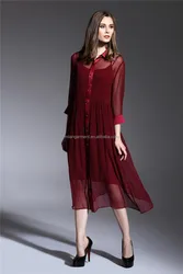 women plus size plain color silk chiffon long 3/4 length sleeves shift dress with knitted slip dress inner