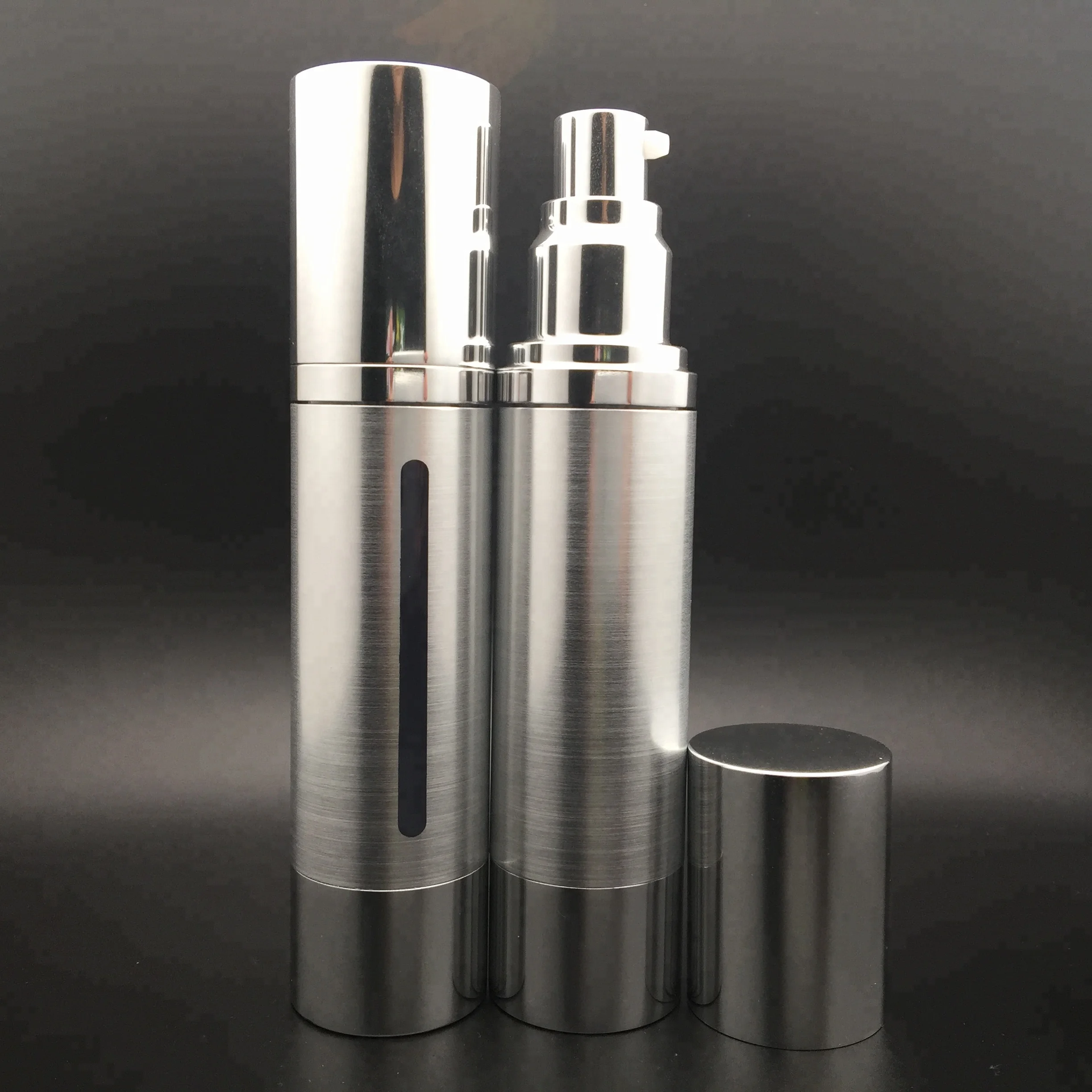 low MOQ matte black airless round aluminum bottle with golden lotion pump spray pump