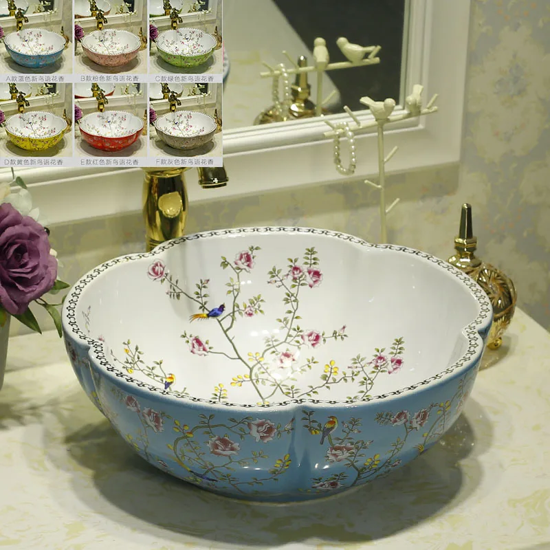 Multicolor flower shape countertop art wash ceramic bathroom basin sinks with flower bird design