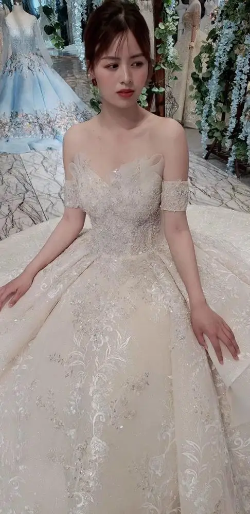 HTL454 2019 latest design lace applique custom made bridal gowns wedding dresses with veil