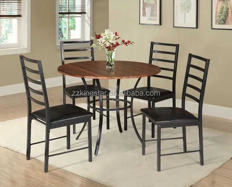5 pieces round wood top metal dining table and chairs set