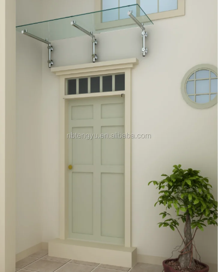 glass door canopy with tubular brackets