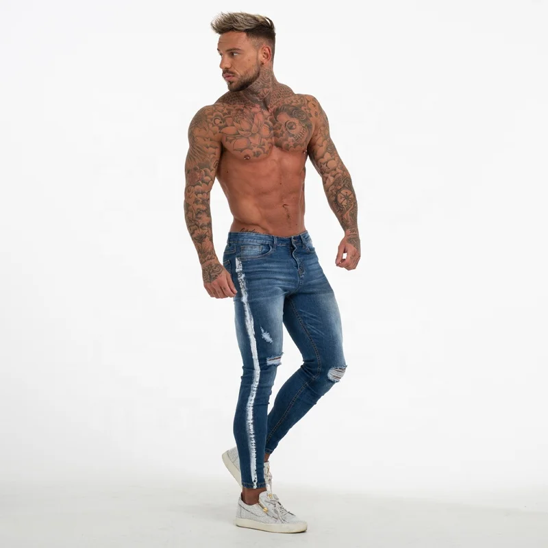 Gingtto New Arrival  Blue Ripped Damaged Mens Trousers Slim Fit Skinny Dropship Distressed Skinny Jeans Men