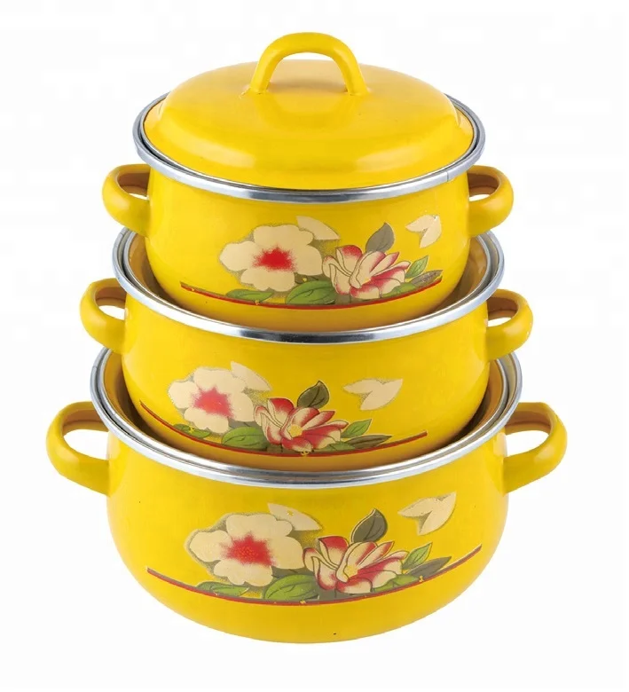 Набор для приготовления пищи из 3 предметов, эмалированная кастрюля с металлической крышкой и стеклянной крышкой