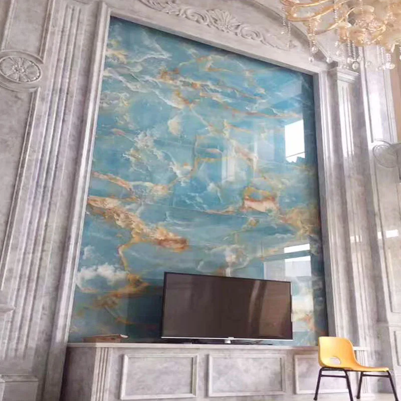 
Newstar gold vein light blue onyx marble price wall background for TV and fireplace 