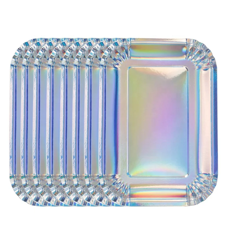 Classical Hot Sell  Disposable 400 gsm  10.5 inch Rectangle  Rainbow Silver Foil Paper Plates
