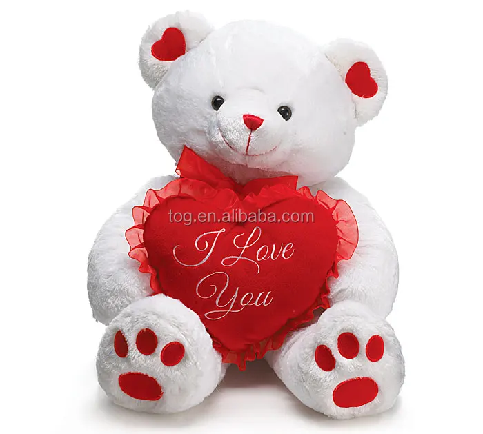 TOG washable lovely cream teddy bear stuffed animal toys with footprint hold red heart